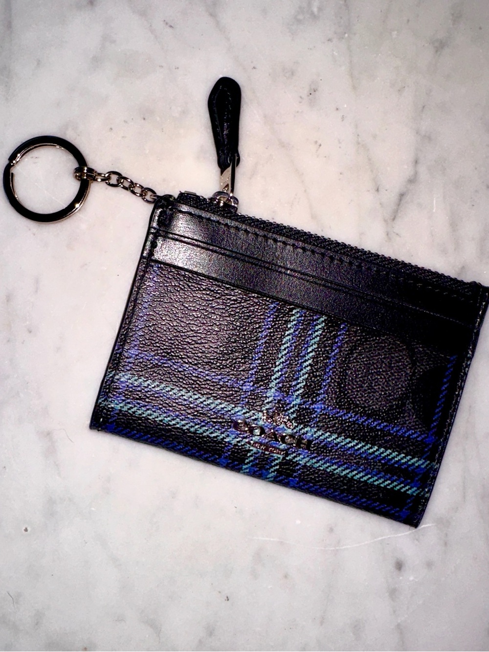 Coach Mini Skinny ID Case in Signature Canvas with Shirting Plaid Print